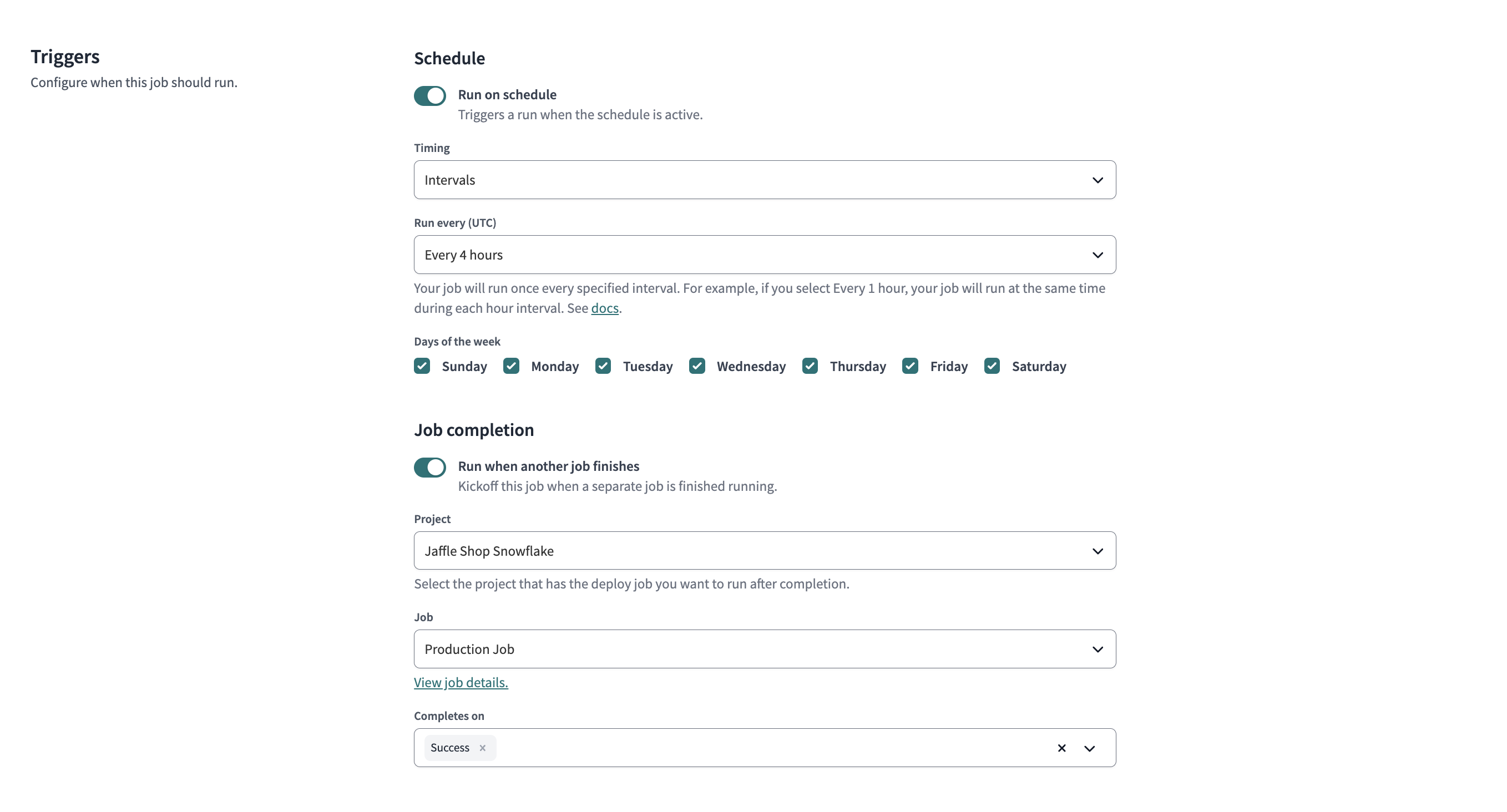 Example of Triggers on the Deploy Job page